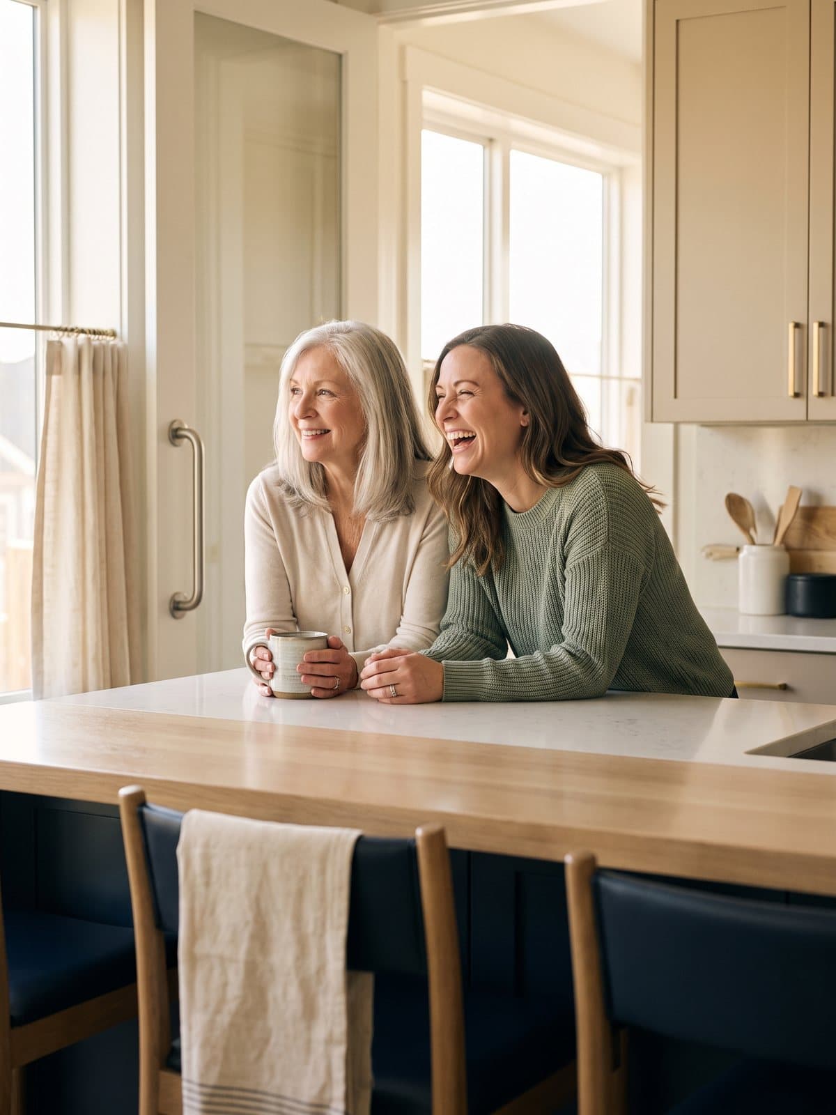 A woman in her seventies and her adult daughter laughing together at a bright kitchen counter, with a grab bar mounted beside the doorway behind them.